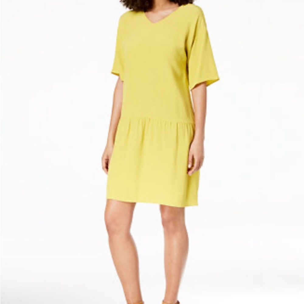 Eileen Fisher Tencel Viscose Crepe Drop-Waist Dress in Yellow Sz Medium